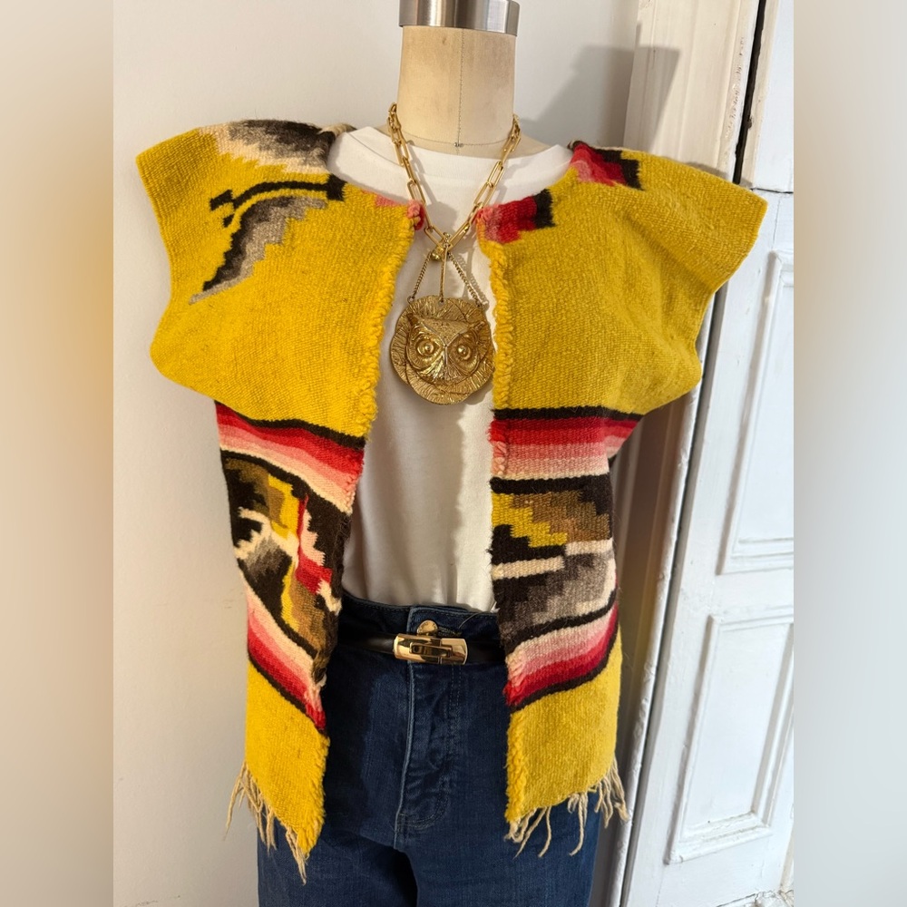 Vintage Southwestern Thunderbird Fringe Vest Jacket Handmade Mustard Yellow Wool